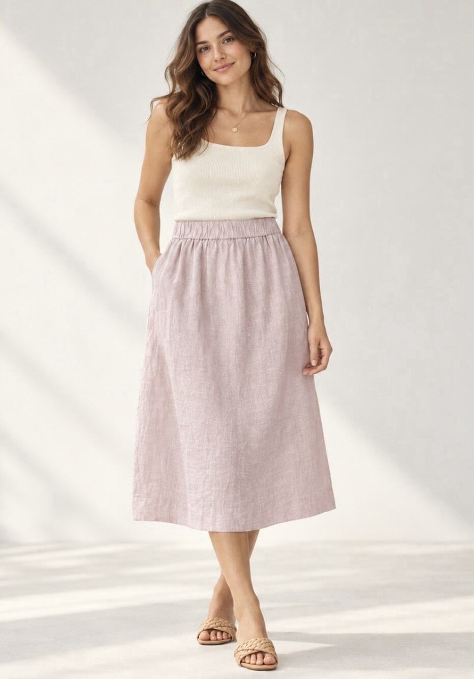 J.Crew 100% Linen Midi Skirt Pink Elastic Waist Cotton Lined Size LT